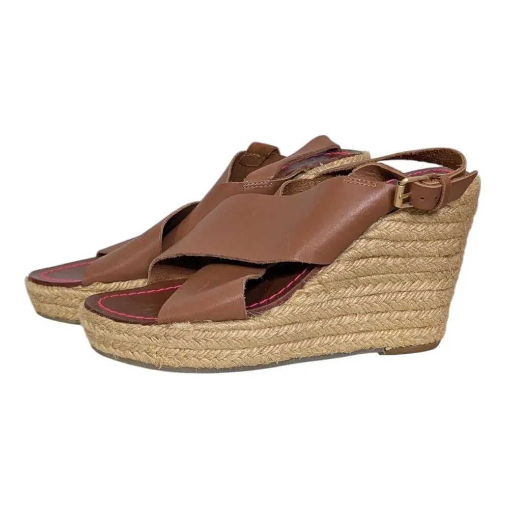 Boden Size 37 US 7 Brown Crossover Rope Platform Wedge Leather Espadrille Sandal